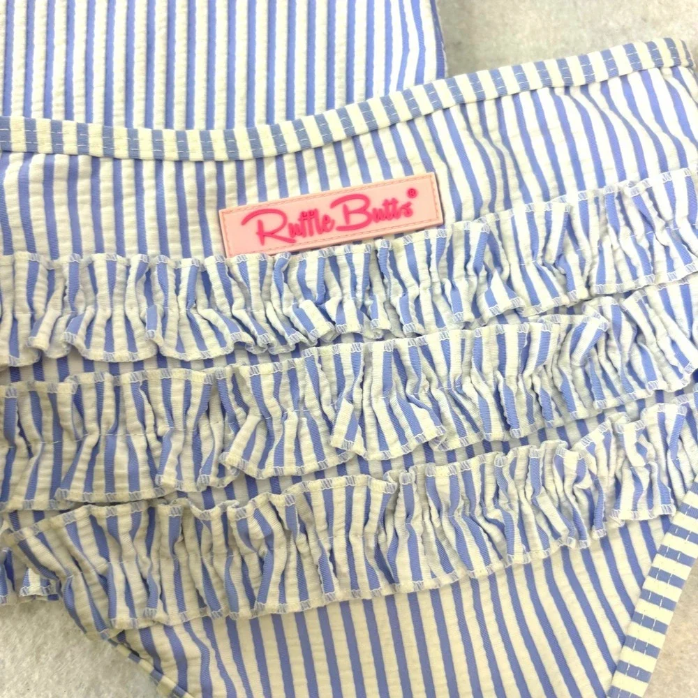 RuffleButts Blue Seersucker Ruffle Rash Guard Swimsuit Set Girls 3T Coastal